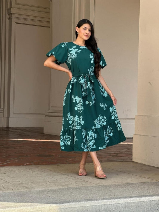 Women's Floral Belted Cap Sleeve Midi Dress Flare Fit - AMVIM
