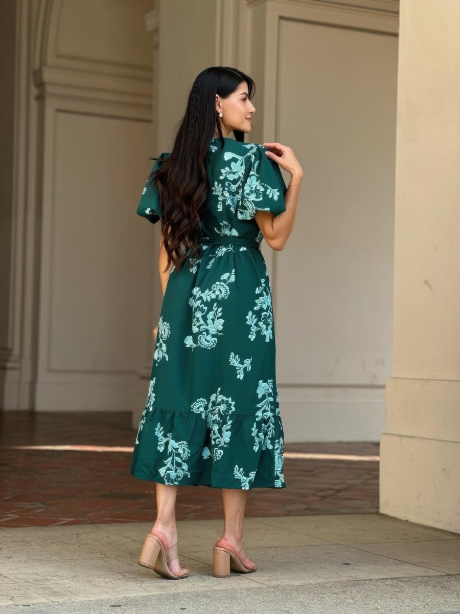 Women's Floral Belted Cap Sleeve Midi Dress Flare Fit - AMVIM