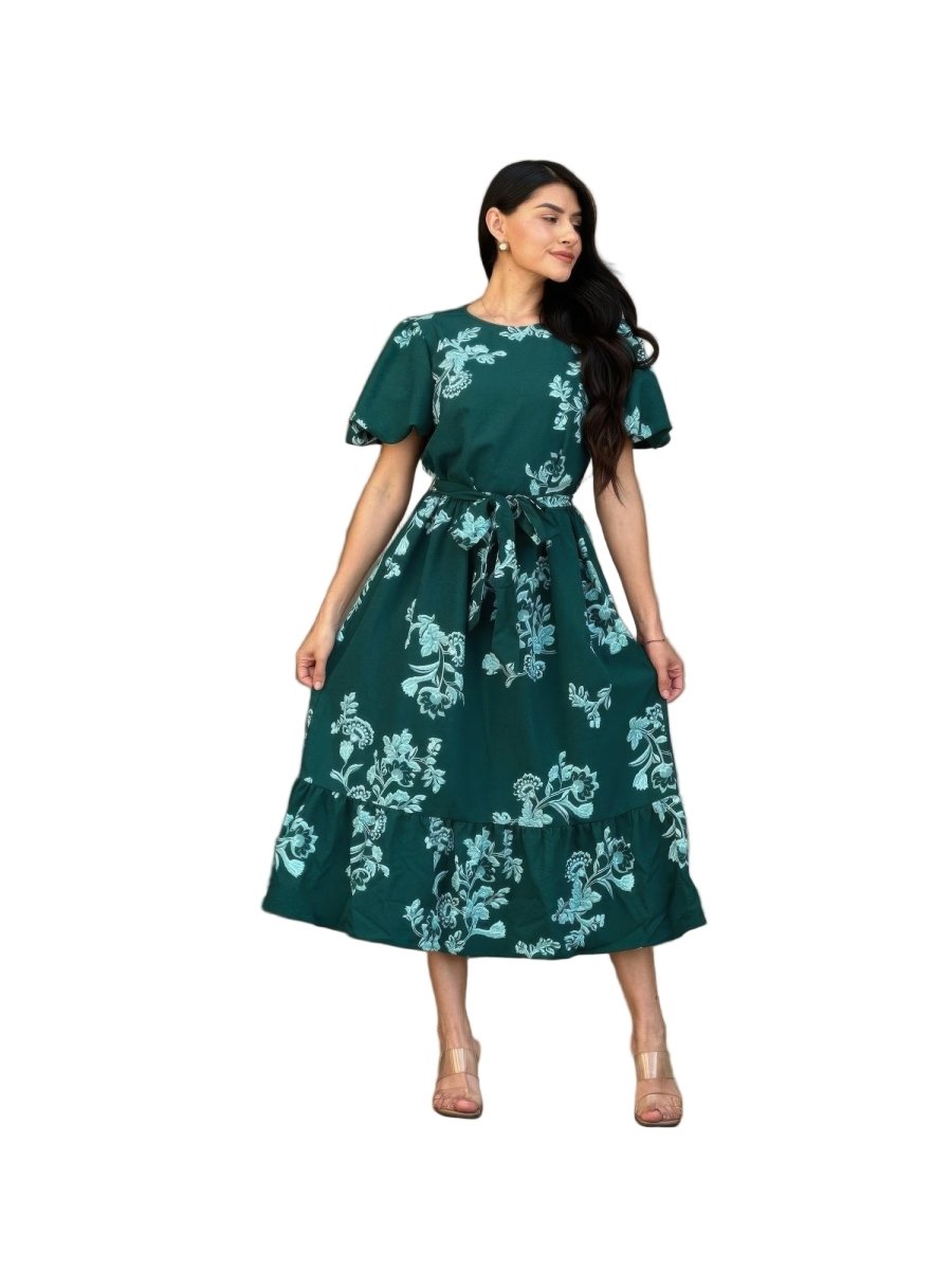 Women's Floral Belted Cap Sleeve Midi Dress Flare Fit - AMVIM