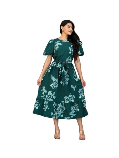 Women's Floral Belted Cap Sleeve Midi Dress Flare Fit - AMVIM