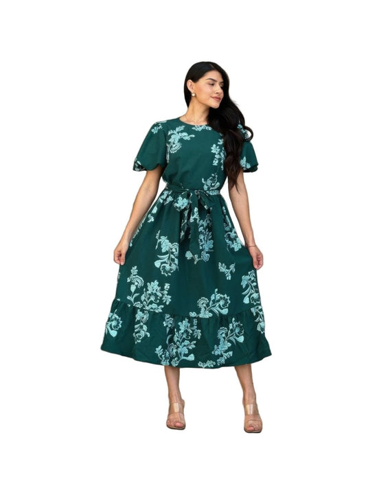 Women's Floral Belted Cap Sleeve Midi Dress Flare Fit - AMVIM