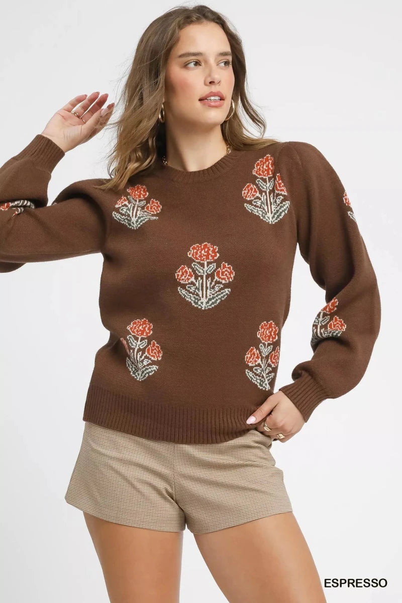 Women's Floral Knit Sweater – Puff Sleeve Detail - AMVIM