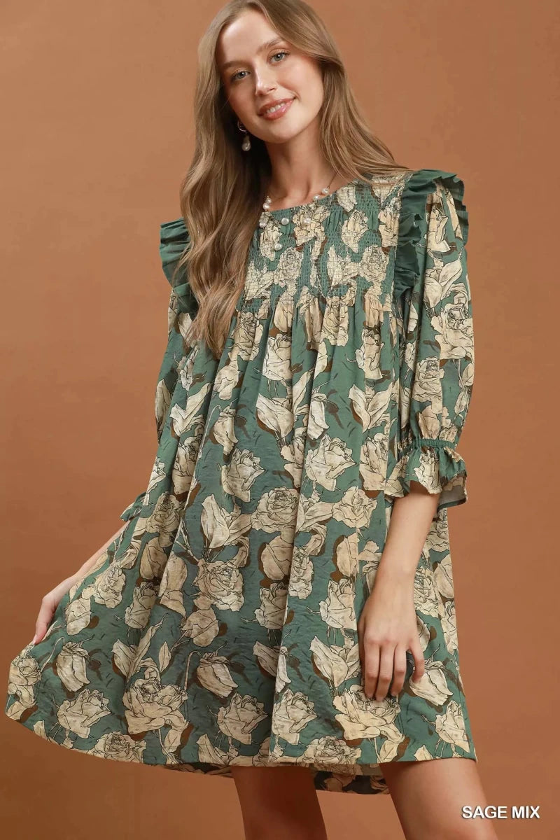 Women's Floral Print Dress – Smocked Ruffle Neckline - AMVIM