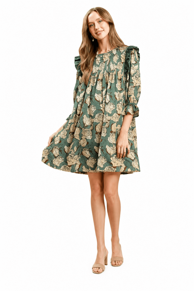 Women's Floral Print Dress – Smocked Ruffle Neckline - AMVIM