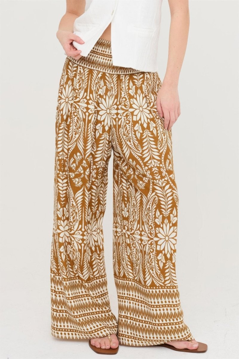 Women's Floral Print Pants – Smocked Waist Relaxed Fit - AMVIM