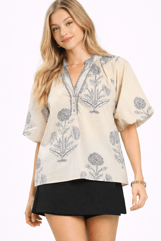 Women's Floral Print V - Neck Blouse with Short Puff Sleeves - AMVIM