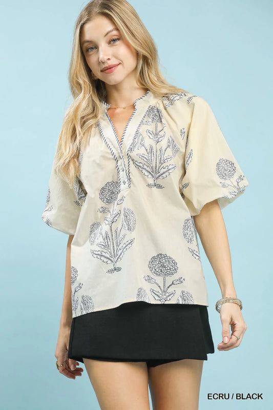 Women's Floral Print V - Neck Blouse with Short Puff Sleeves - AMVIM