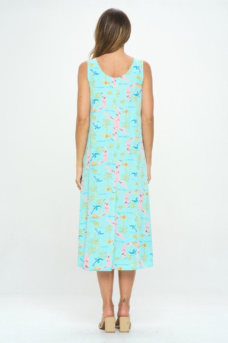 Women's Florida Print Long Tank Dress with Scoop Neckline - AMVIM