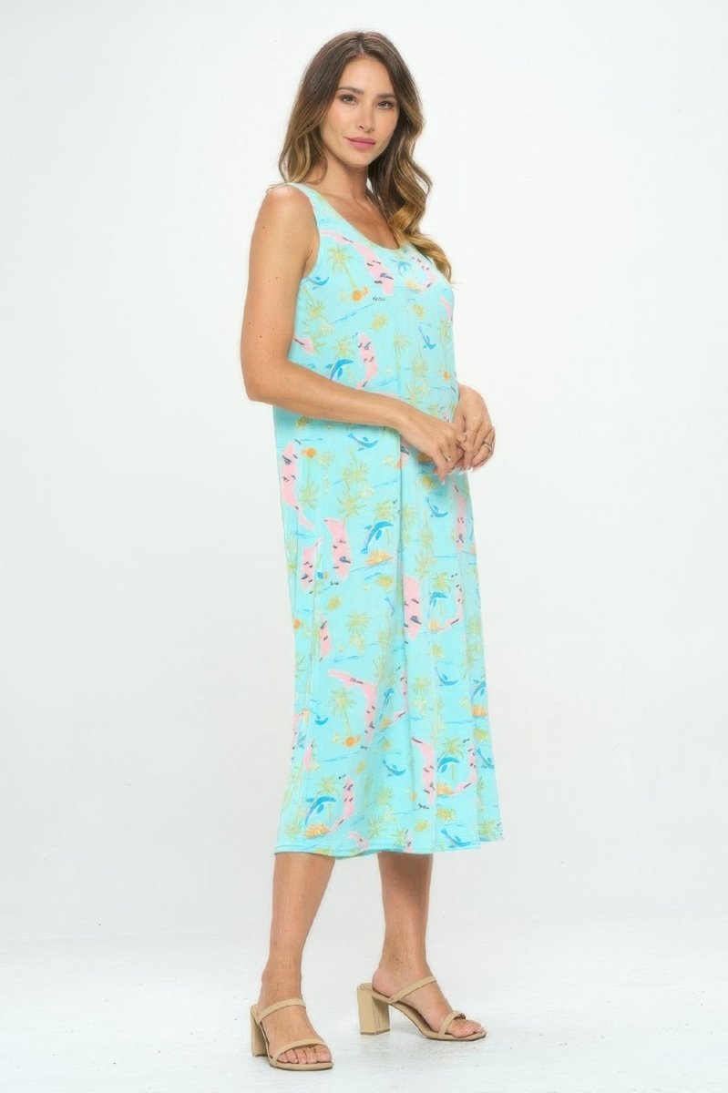 Women's Florida Print Long Tank Dress with Scoop Neckline - AMVIM