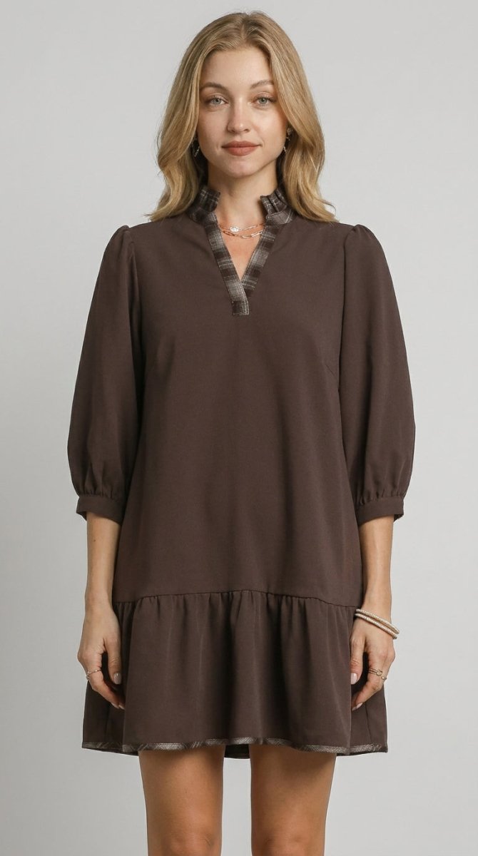 Women's French Terry Dress with Ruffle Hem and Plaid Trim – Relaxed Fit - AMVIM