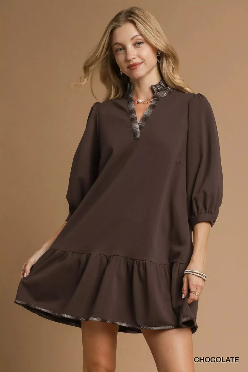 Women's French Terry Dress with Ruffle Hem and Plaid Trim – Relaxed Fit - AMVIM | SKU: 100100810721442, 100100810722324, 100100810723561