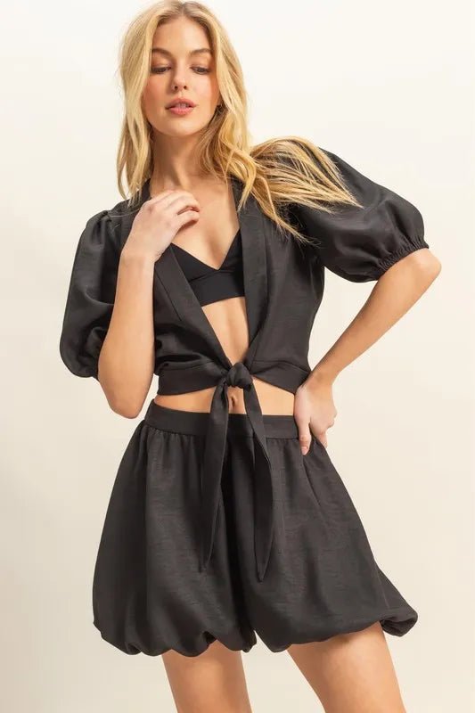 Women's Front Tie Top and Bubble Hem Shorts - AMVIM