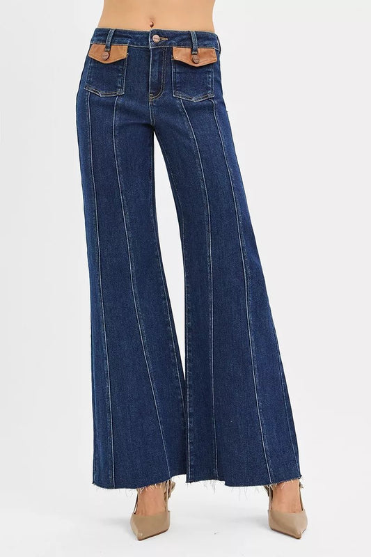 Women's High Rise Wide Flare Jeans with Leather Pocket Detail - AMVIM
