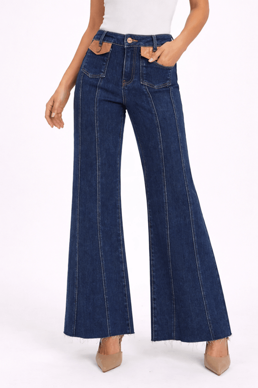 Women's High Rise Wide Flare Jeans with Leather Pocket Detail - AMVIM