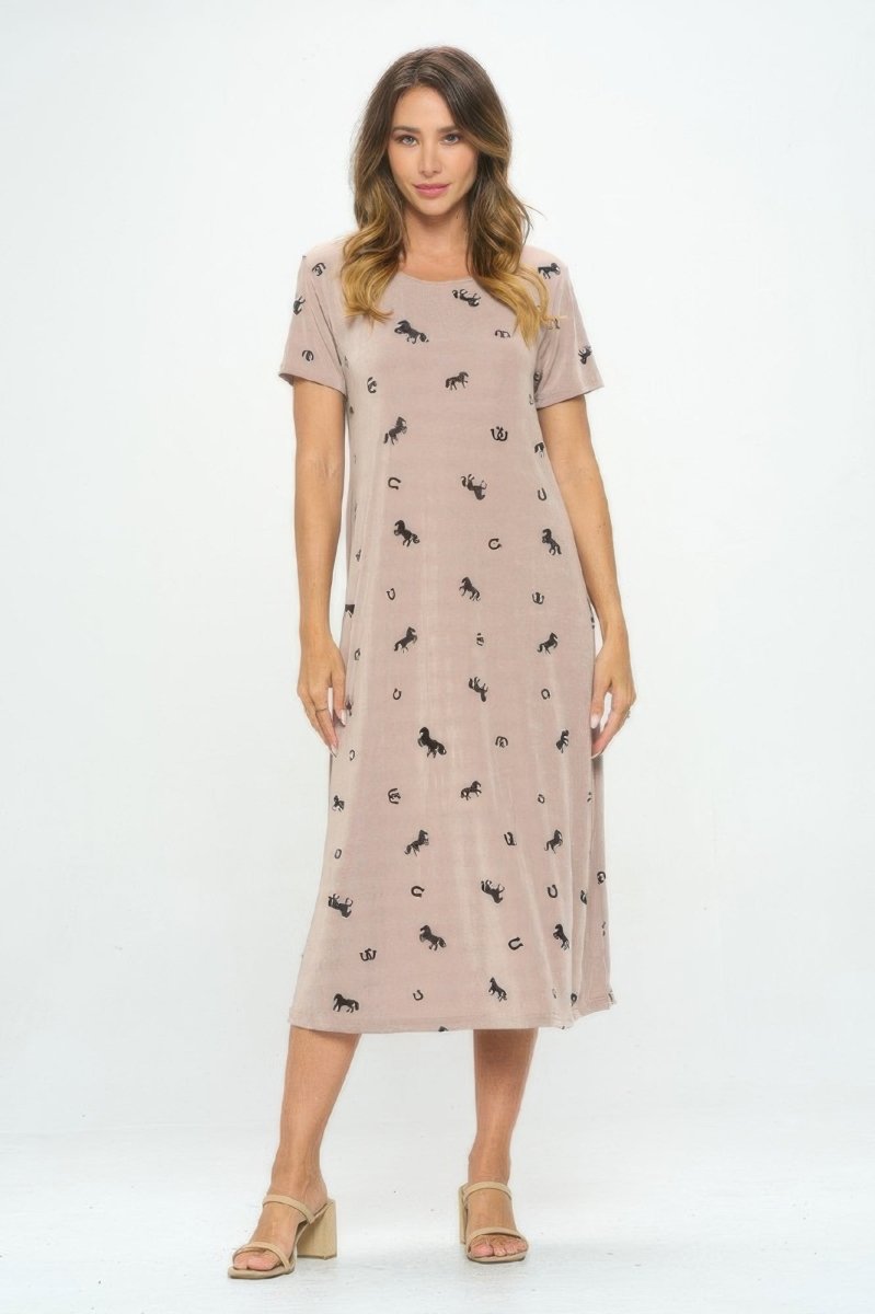 Women's Horse Print Long Casual Dress with Scoop Neckline - AMVIM