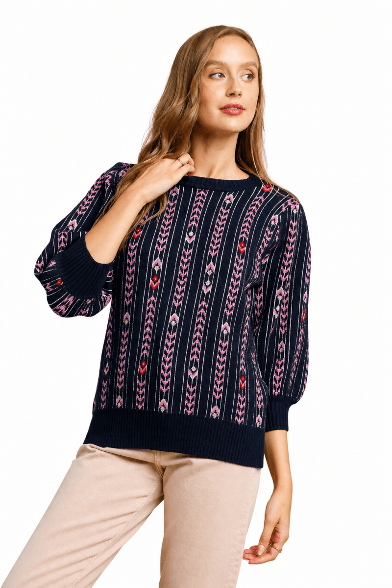 Women's Jacquard Knit Sweater – Round Neck, Puff Sleeve - AMVIM