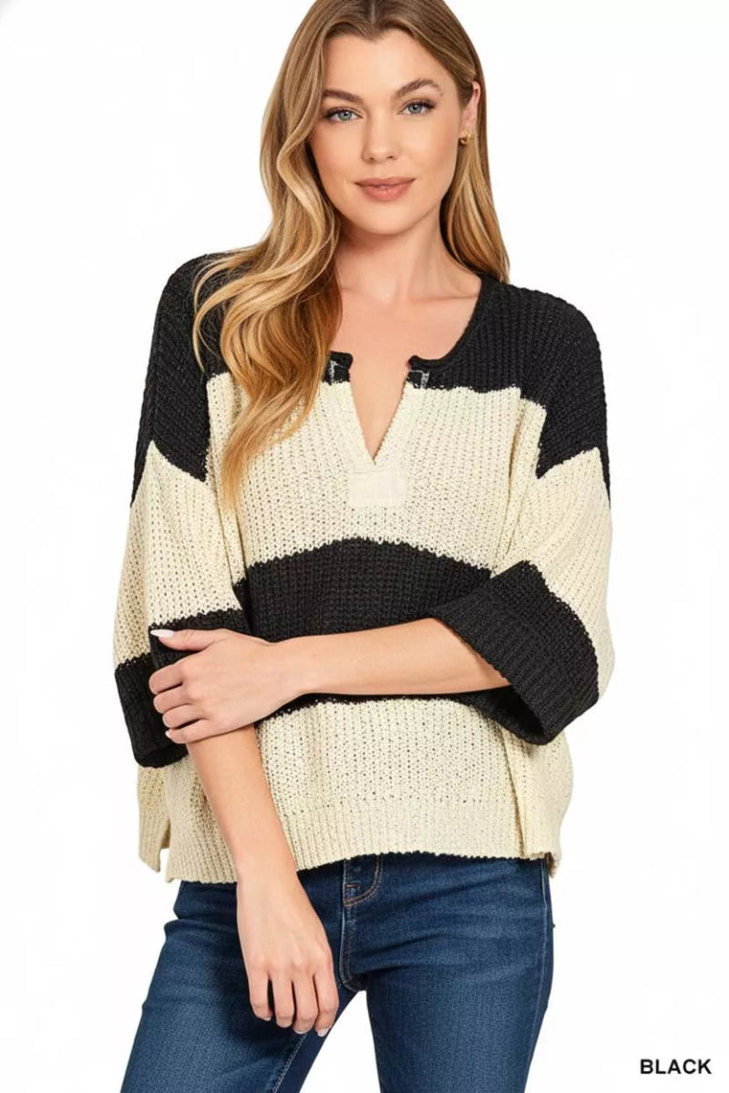Women's Knit Split Neck Stripe Sweater Pullover - AMVIM