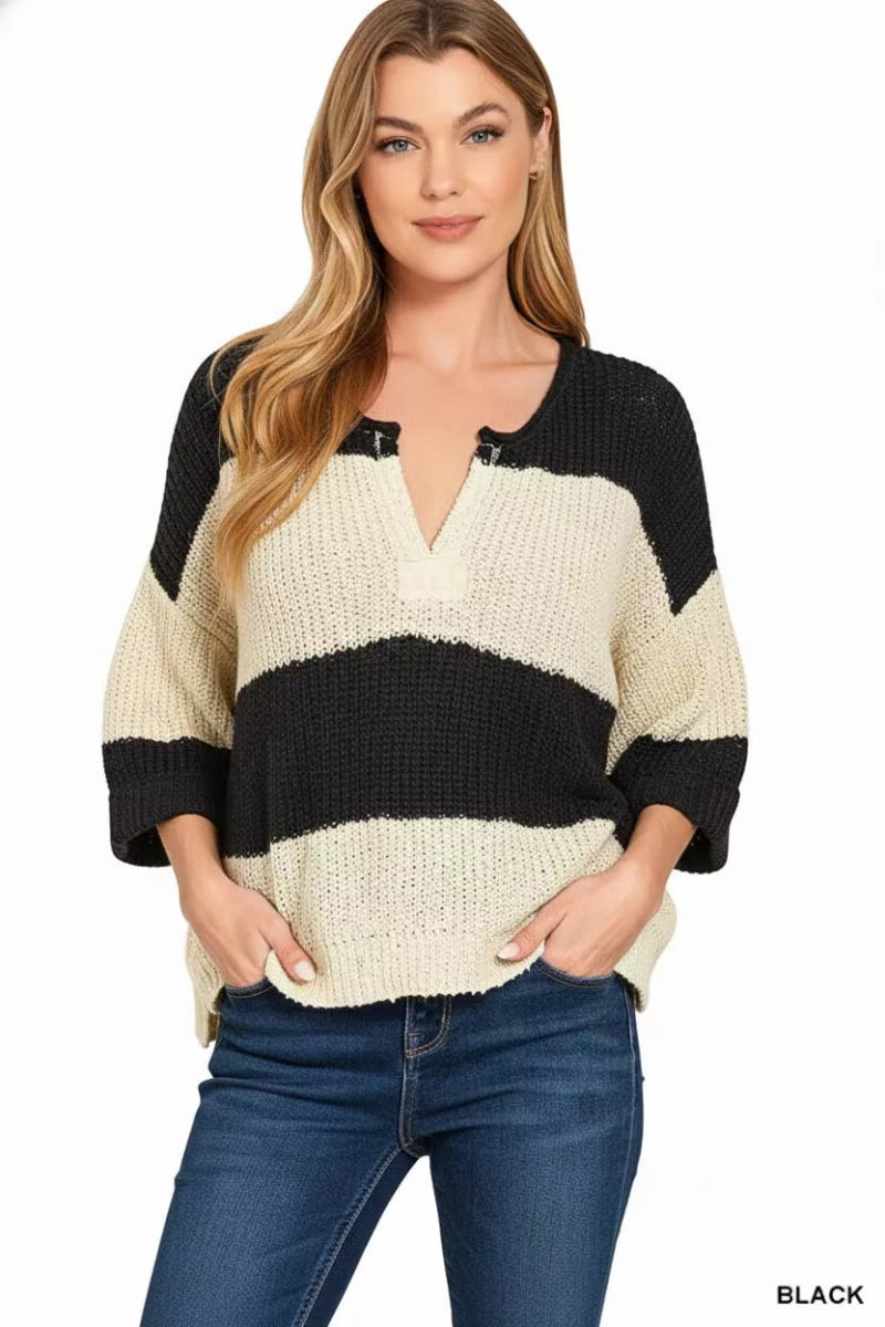 Women's Knit Split Neck Stripe Sweater Pullover - AMVIM