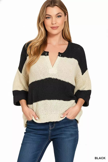 Women's Knit Split Neck Stripe Sweater Pullover - AMVIM