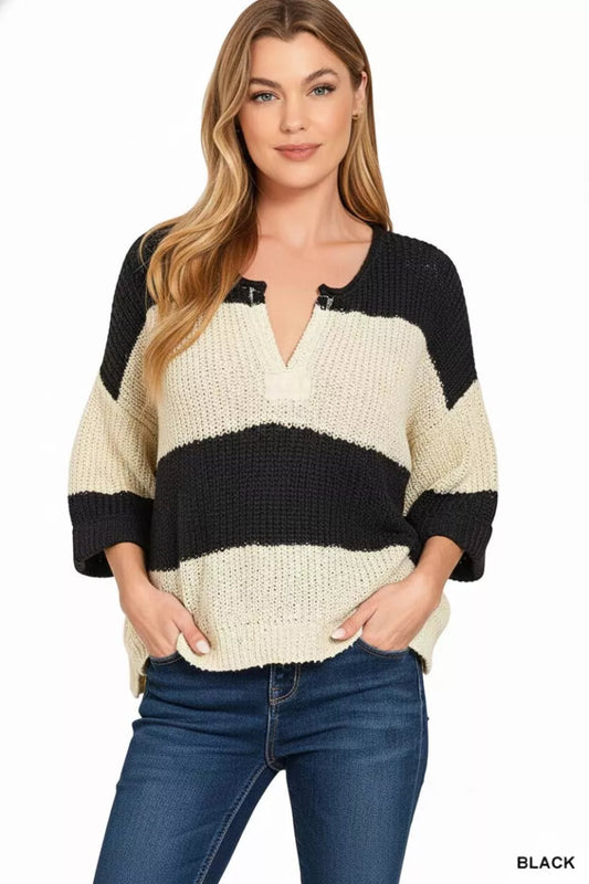 Women's Knit Split Neck Stripe Sweater Pullover - AMVIM