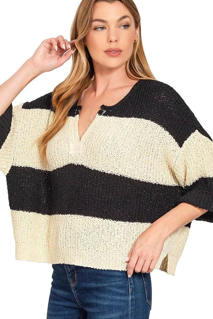 Women's Knit Split Neck Stripe Sweater Pullover - AMVIM