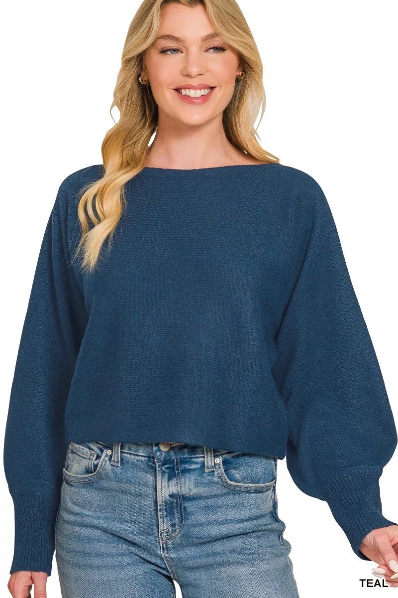 Women's Knit Sweater – Boat Neck with Balloon Sleeves - AMVIM