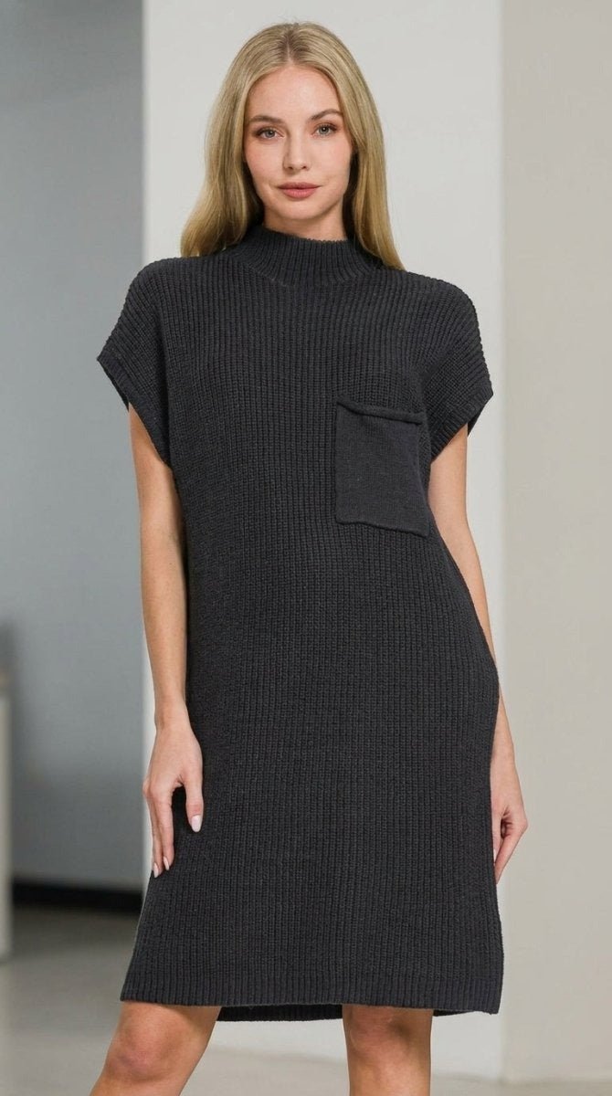 Women's Knit Sweater Dress – Mock Neck Short Sleeve - AMVIM