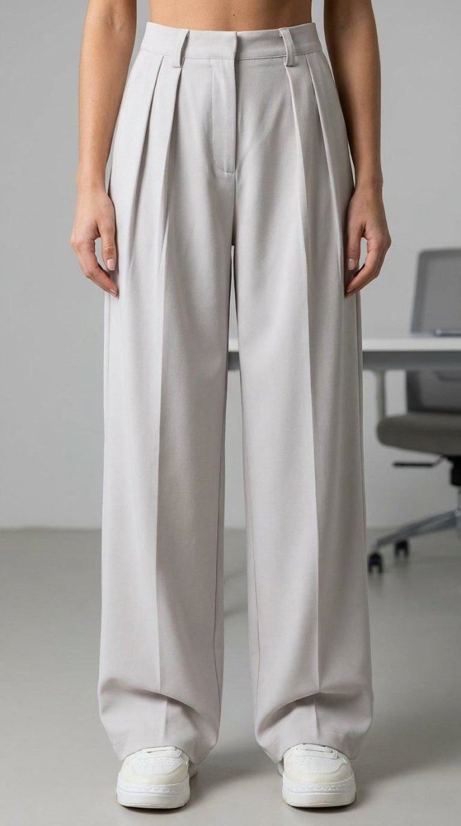 Women's Light Gray Pintuck Detail Pants – High Waist - AMVIM