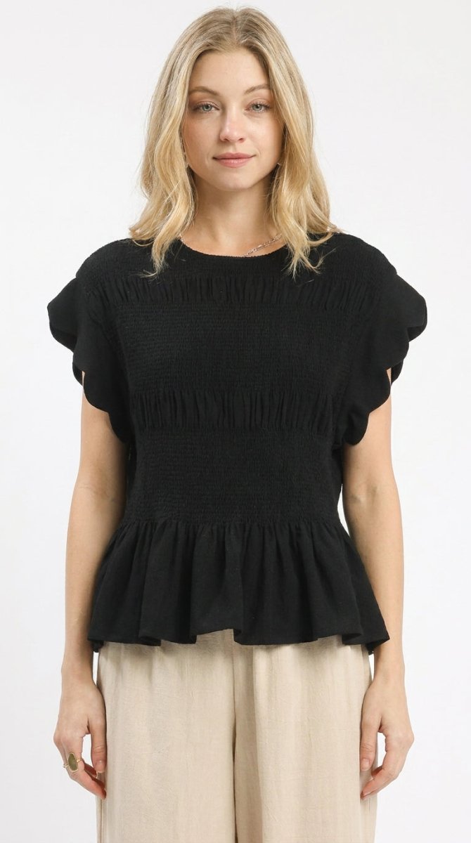 Women's Linen Blend Smocked Peplum Blouse - AMVIM