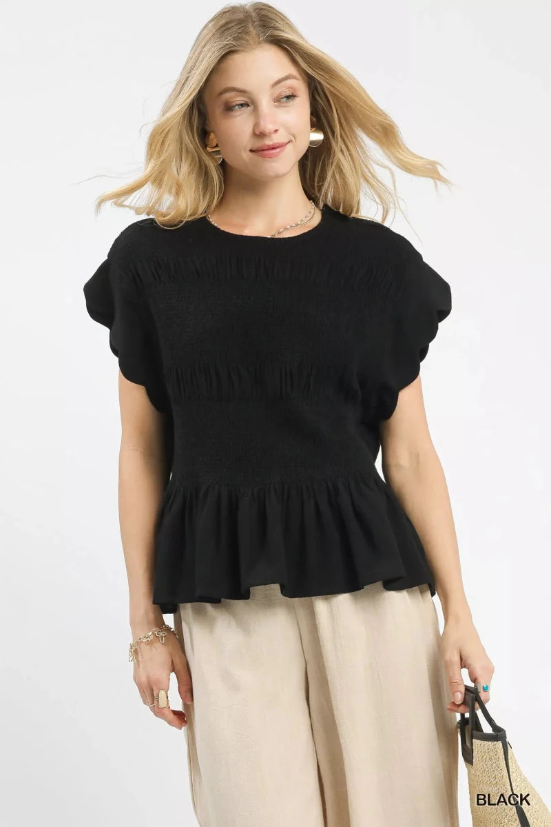 Women's Linen Blend Smocked Peplum Blouse - AMVIM