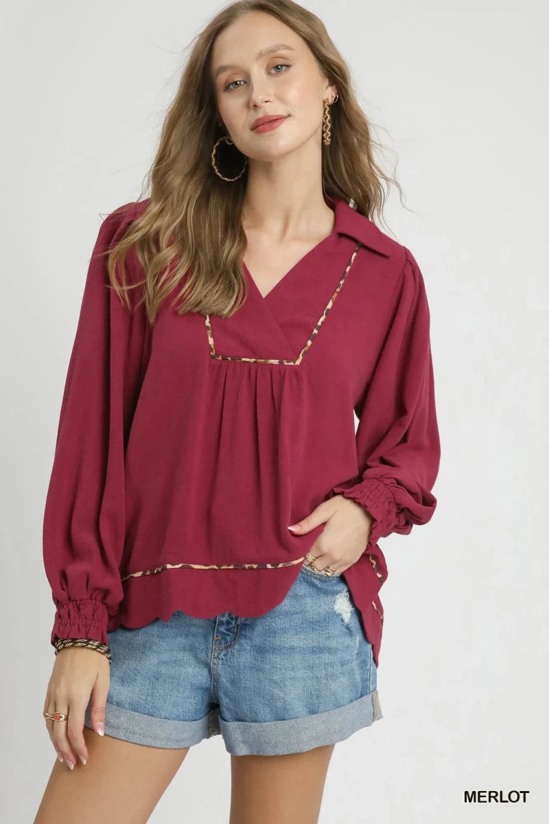 Women's Linen Blouse – Relaxed Fit with Scallop Hem - AMVIM