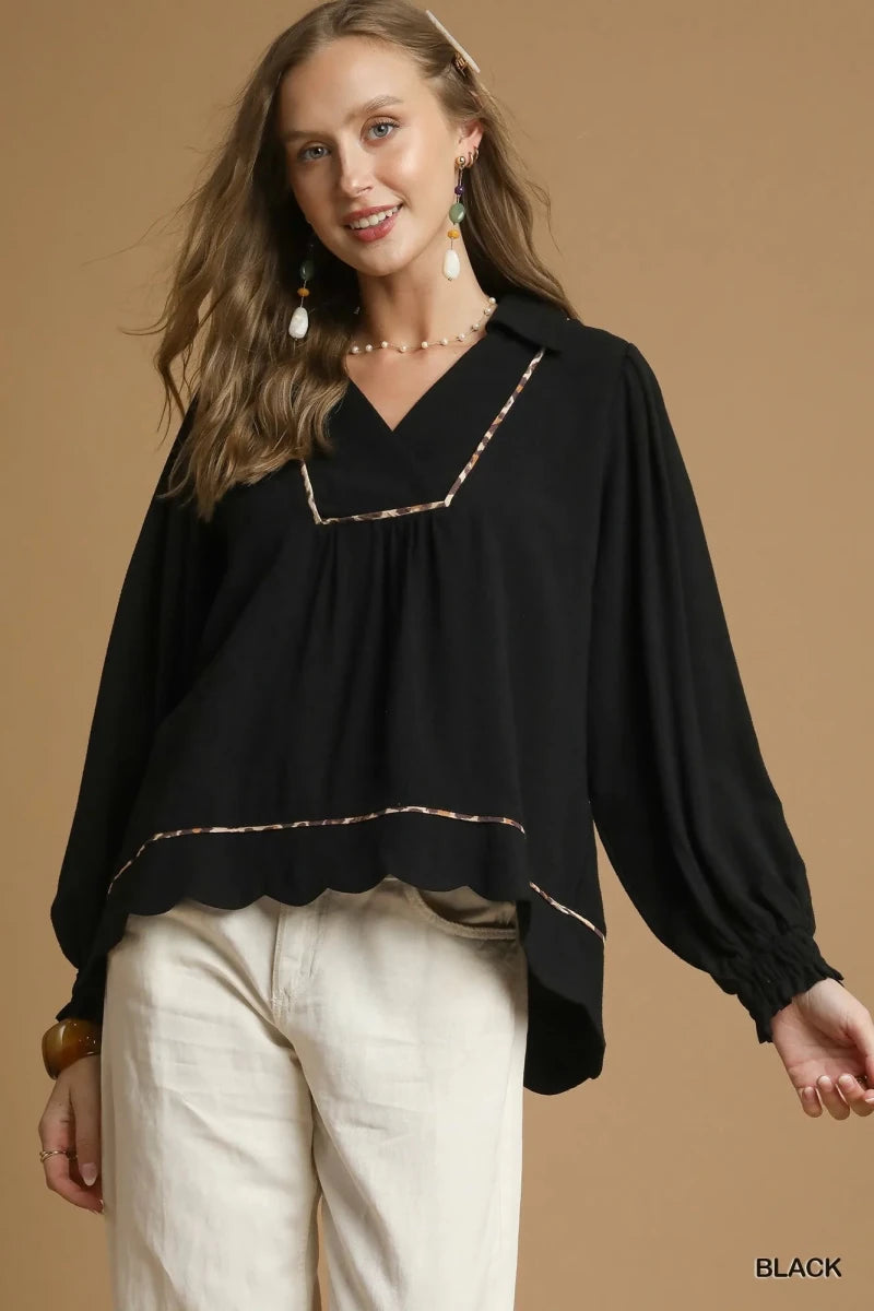 Women's Linen Blouse – Relaxed Fit with Scallop Hem - AMVIM