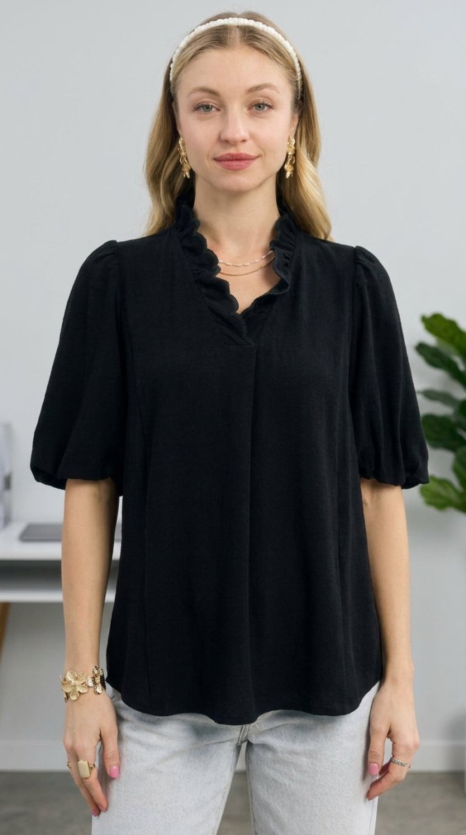 Women's Linen Blouse – V - Neck with Scallop Trim Detail - AMVIM