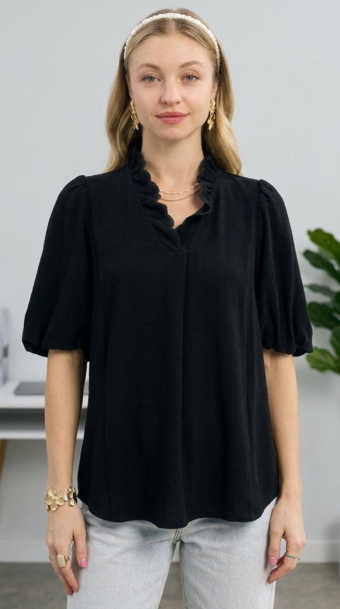 Women's Linen Blouse – V - Neck with Scallop Trim Detail - AMVIM