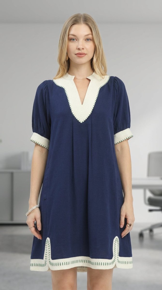 Women's Linen Midi Dress – V-Neck A-Line Silhouette – AMVIM