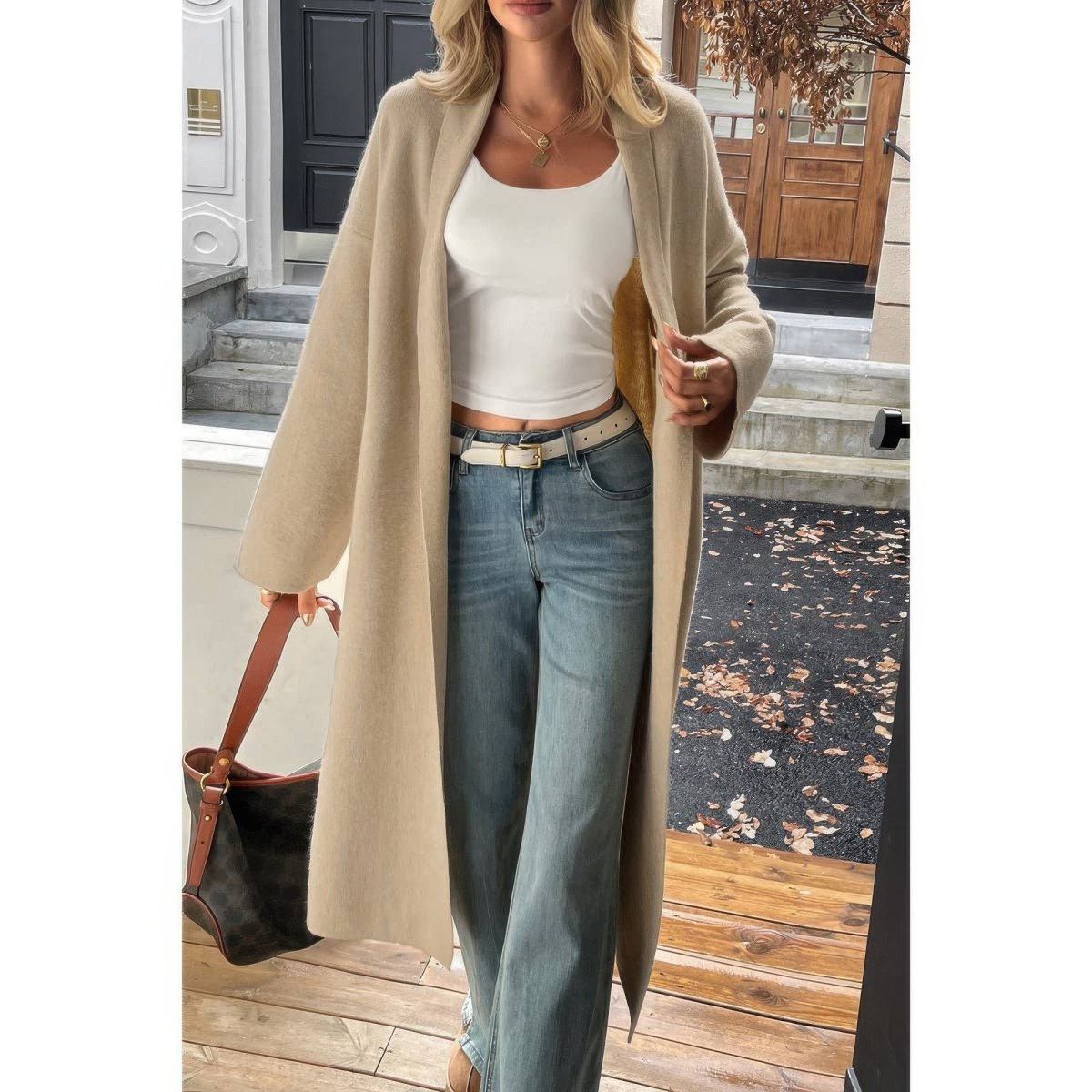 Women's Long Open Front Knit Cardigan with Relaxed Fit - AMVIM
