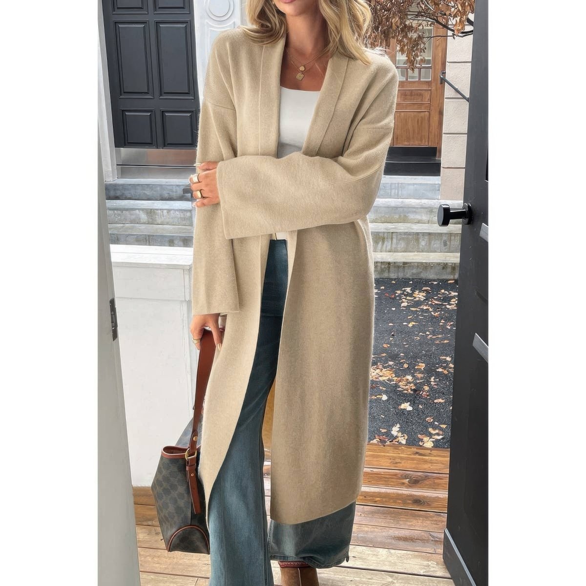 Women's Long Open Front Knit Cardigan with Relaxed Fit - AMVIM