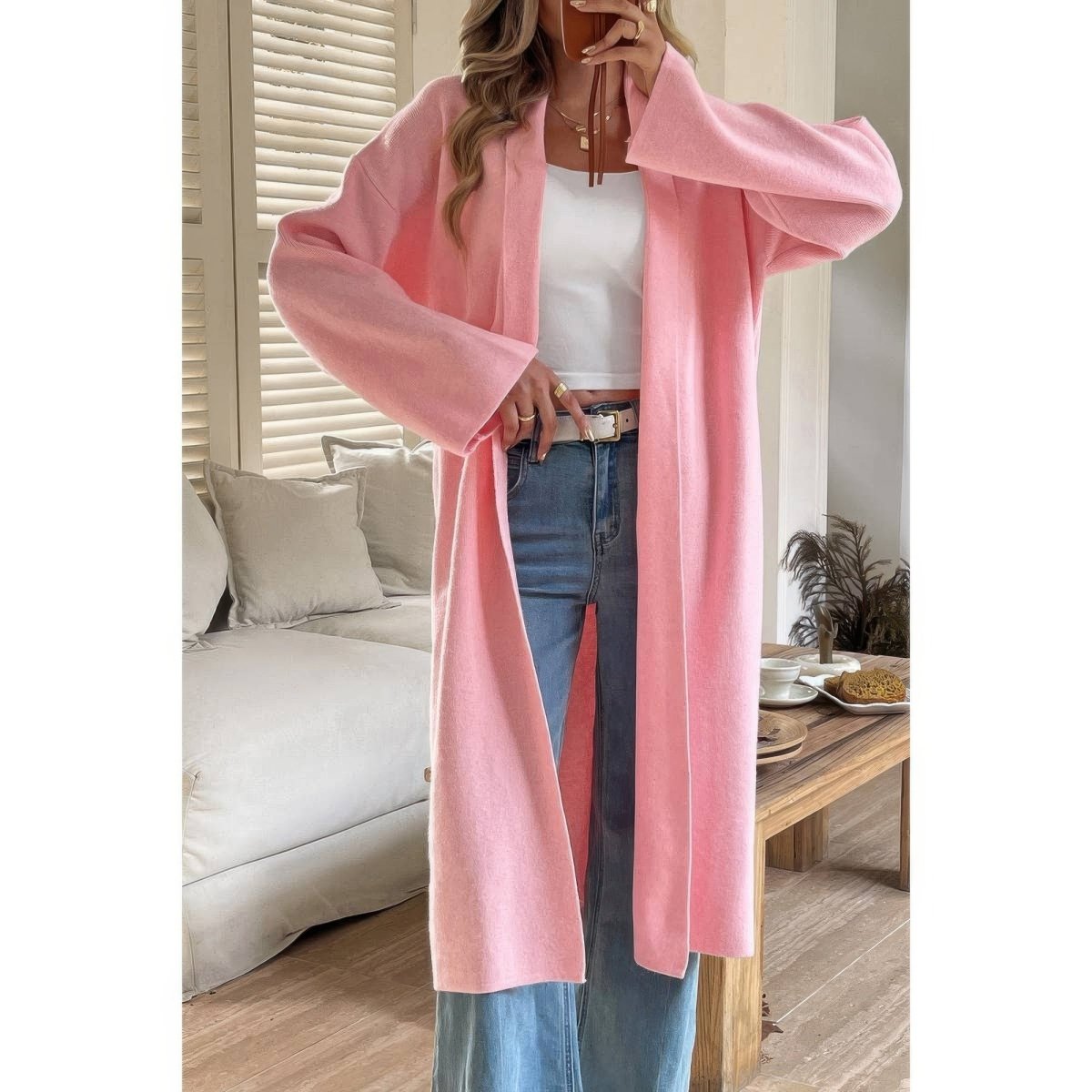 Women's Long Open Front Knit Cardigan with Relaxed Fit - AMVIM