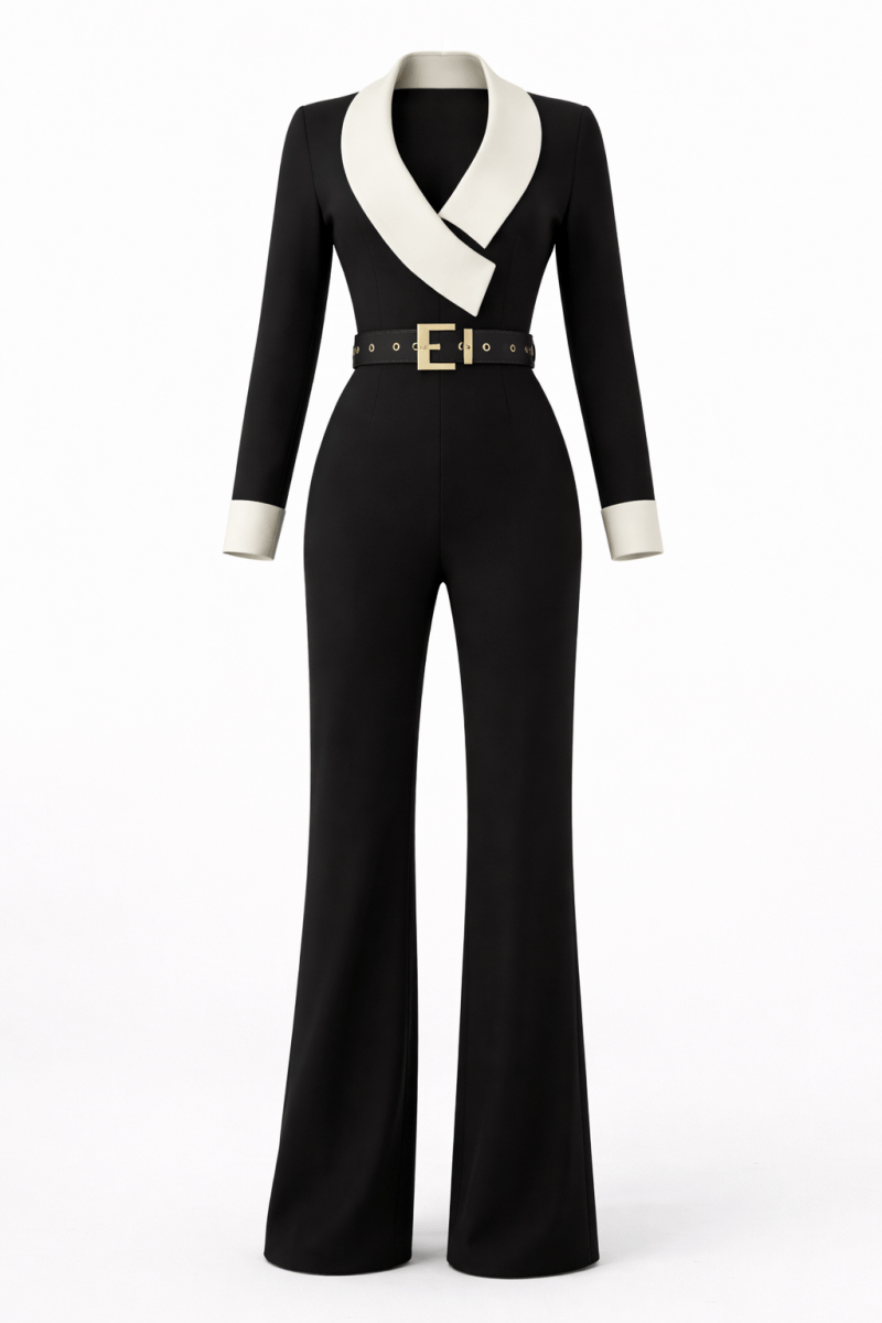 Women's Long Sleeve Elegant Jumpsuit with Contrast Design - AMVIM