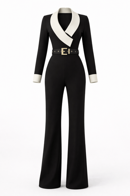 Women's Long Sleeve Elegant Jumpsuit with Contrast Design - AMVIM