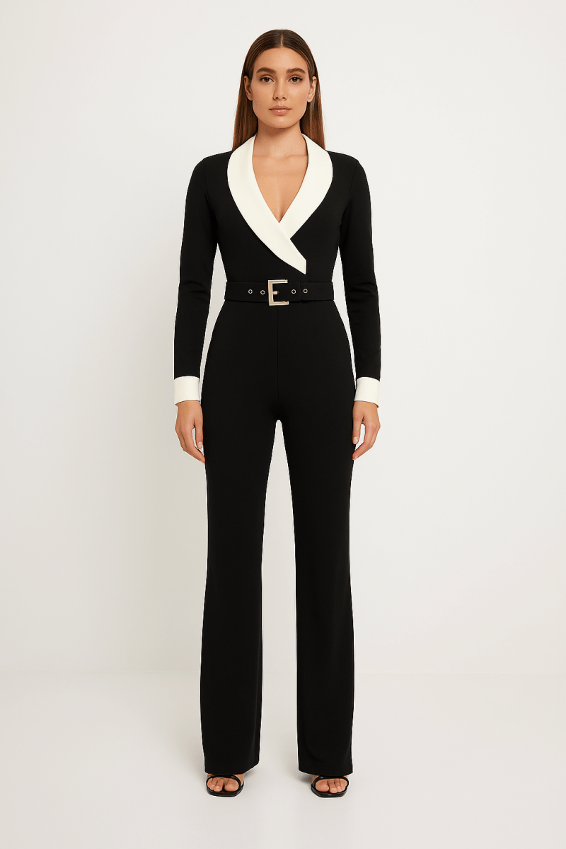 Women's Long Sleeve Elegant Jumpsuit with Contrast Design - AMVIM