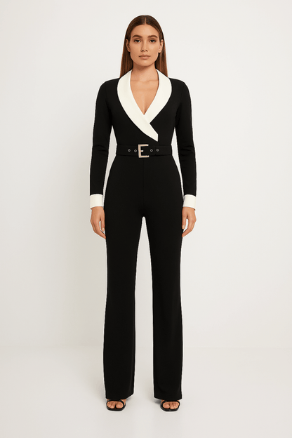 Women's Long Sleeve Elegant Jumpsuit with Contrast Design - AMVIM