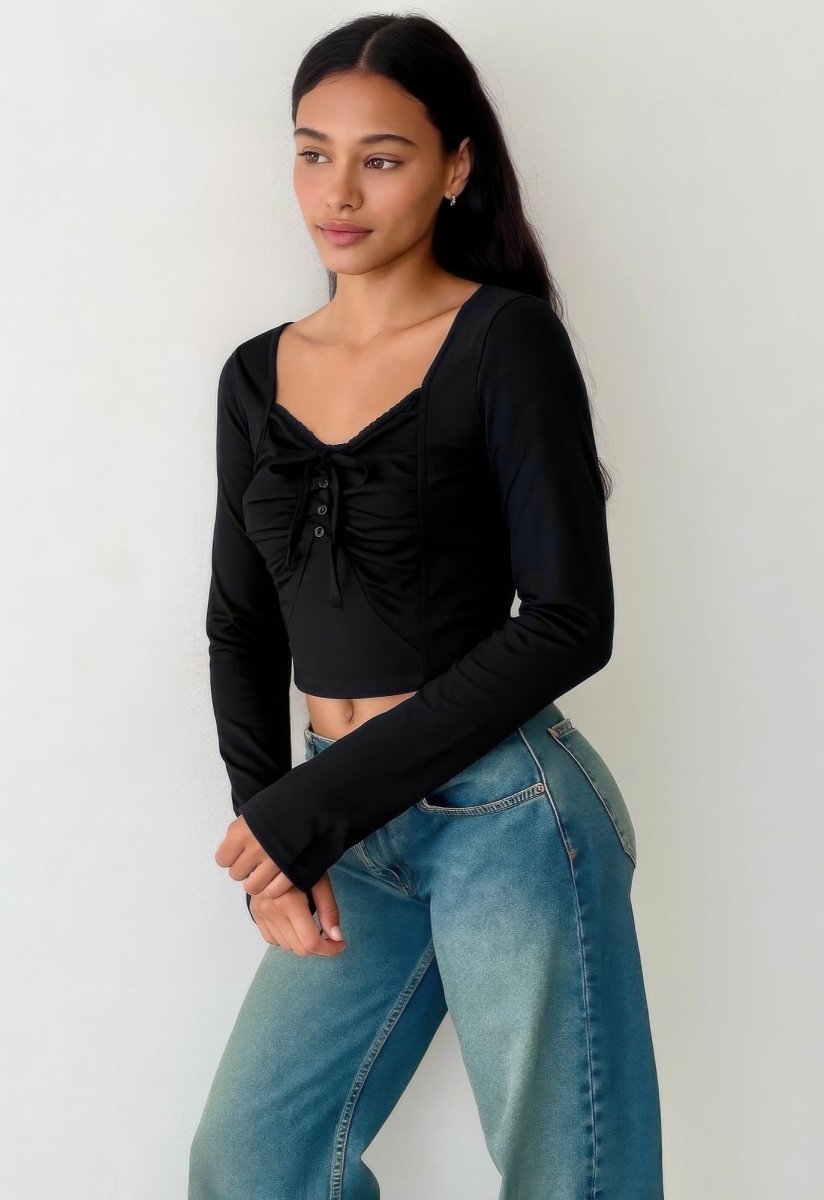 Womens Long Sleeve Scrunch Bow Top with Ruffle Detail - AMVIM