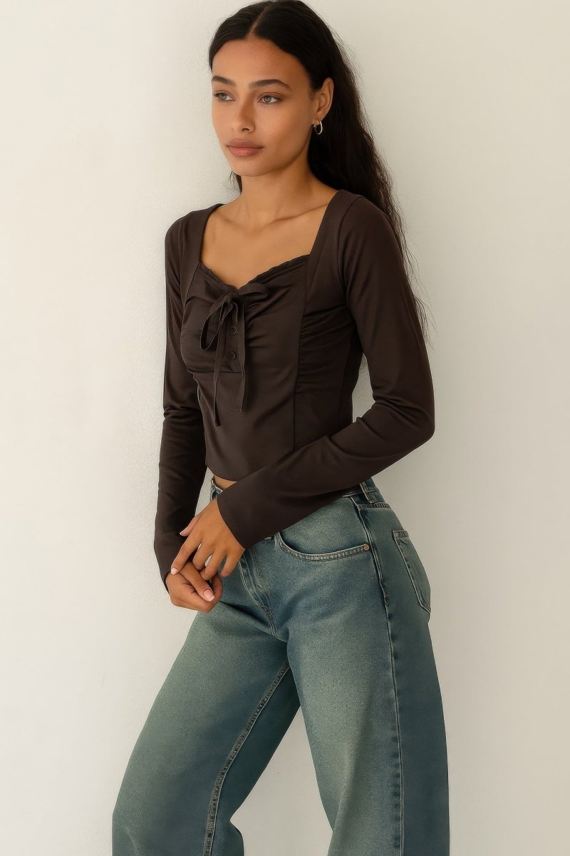 Womens Long Sleeve Scrunch Bow Top with Ruffle Detail - AMVIM