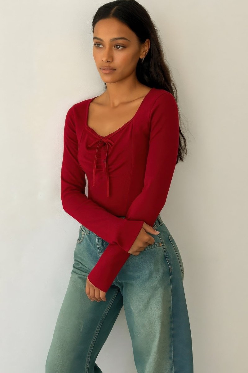 Womens Long Sleeve Scrunch Bow Top with Ruffle Detail - AMVIM