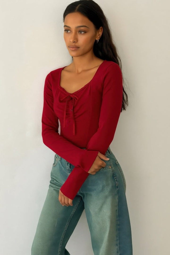 Womens Long Sleeve Scrunch Bow Top with Ruffle Detail - AMVIM