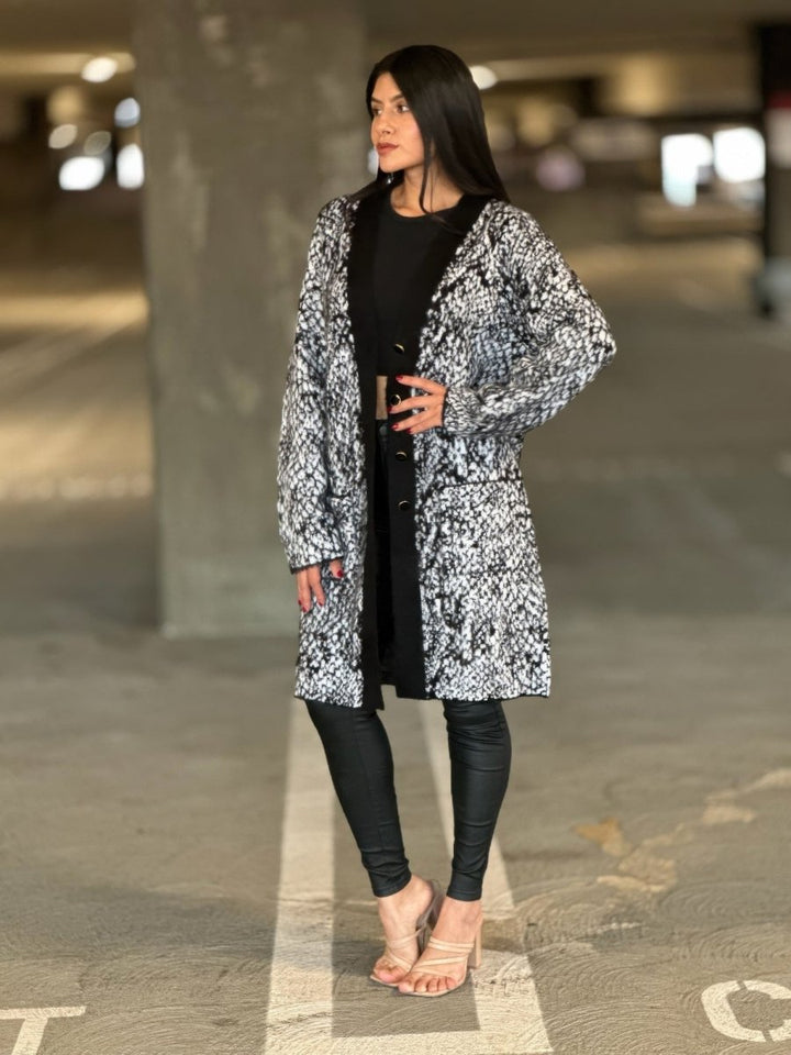 Snake Print Longline Cardigan - Button-Down Long Sleeve Women&