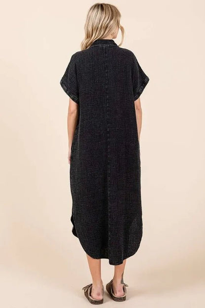 Women's Mineral Wash V Neck Button Up Midi Shirt Dress - AMVIM