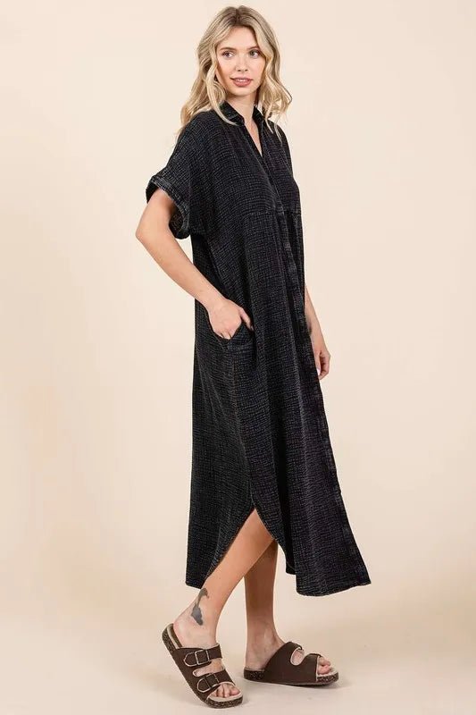 Women's Mineral Wash V Neck Button Up Midi Shirt Dress - AMVIM