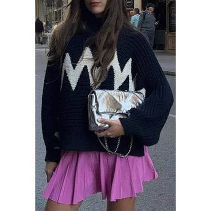 Women's Mock Neck Contrast Trim Long Sleeve Sweater - AMVIM